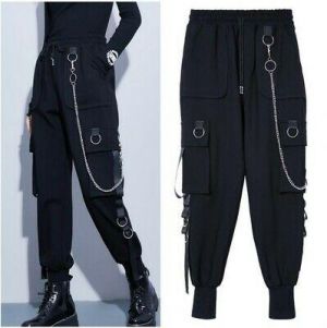 sleek fashion Joggers    Womens Straight Casual Pants Elastic Waist Pockets Ribbons Long Trousers Overall