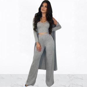 Women Sexy Sleeveless Tank Crop Top With Leg Waist Pants + Long Sleeve Cardigan Coat 3 Piece Set Solid Color Casual Knitted Suit