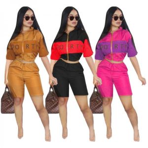 Women new summer 2019 half sleeve sports letter print splicing zipper up trench half length pants suit 2 pieces set tracksuit
