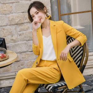 sleek fashion Suits 2019 new ladies suit autumn fashion yellow long section western slim body slim pants two sets of temperament women's clothing