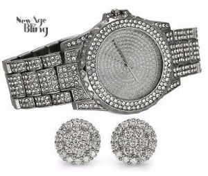    Iced Watch Earring Combo Set Silver Tone Rapper Hip Hop Fashion