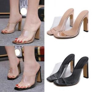    Ladies Women High Block Heels Perspex Mules Open Toe Slip On Celar Sandals Shoes