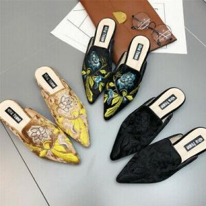    Womens Mules Embroidered Slippers Pointed Toe Casual Fashion Shoes Flat Slides