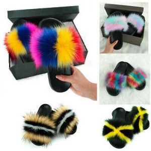 sleek fashion slippers    1 pair Women&#039;s Fox Fur Slides Fuzzy Furry Slippers Comfort Sliders Sandals Shoes