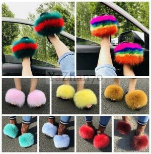    Real Fox Raccoon Fur Slides Fuzzy Furry Slippers Sliders Sandals Women&#039;s Shoes A