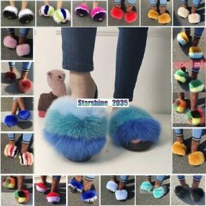    Real Fox Fur Slides Fluffy Fuzzy Furry Slippers Sliders Sandals Women Shoes New