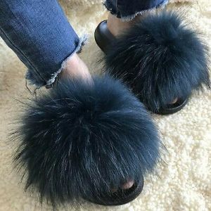    Women&#039;s Fluffy Real Raccoon Fur Slides Slipper Indoor Outdoor Sandals Flat Shoes