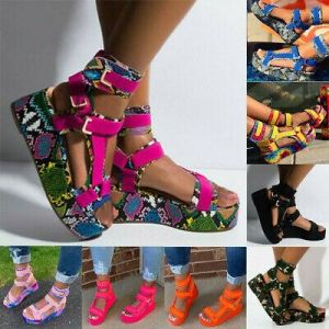    Women Summer Platform Sandals Open Toe Ankel Strap Print Flat Beach Casual Shoes