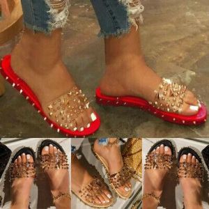 sleek fashion heels    ⭐Women Rivet Sandals Slippers Ladies Summer Beach Casual Slip On Flat Shoes Size